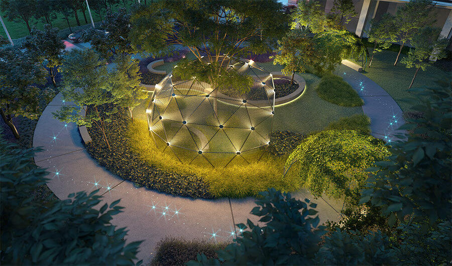 M Aurora Aurora Garden and illuminated Green Dome artist impression at night
