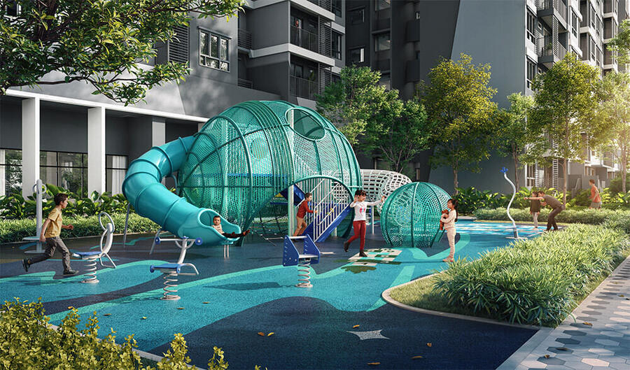 M Aurora children's playground artist impression with tunnel slide and play lawn