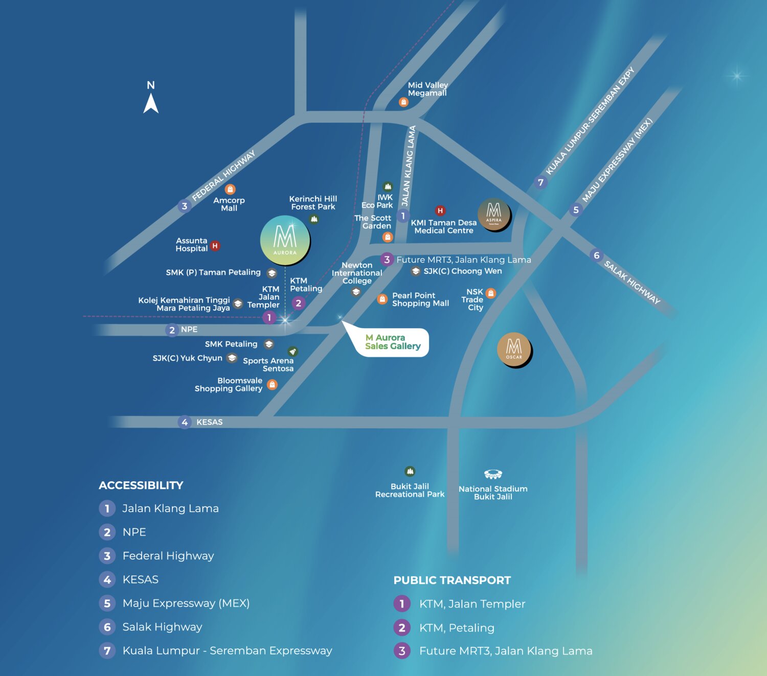 M Aurora location map showing Jalan Klang Lama, NPE, Federal Highway, KESAS, MEX, Salak Highway, KL-Seremban Expressway, KTM Jalan Templer, KTM Petaling, future MRT3, Mid Valley Megamall, Assunta Hospital and nearby schools